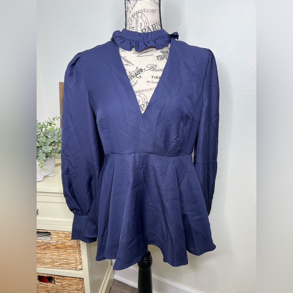 Brand New-Venus Navy Blouse Deep V Ruffle Collar Puff Sleeve Flare Back …